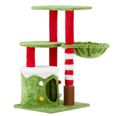 phiestina 32in Cat Scratching Posts Tower, Christmas Themed Plush Cat Tree with Hammock, Cat Massage Brush, Activity Center for Indoor Cats
