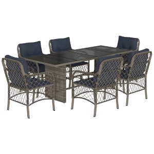 vidaXL 7-Piece Outdoor Patio Dining Set - Gray PE Rattan with Navy Blue Cushions, Tempered Glass Tabletop and Powder-Coated Steel Frame - 1 of 4