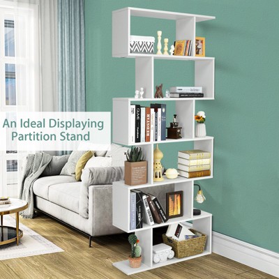 White S-Shaped 6-Tier Wooden Geometric Bookcase