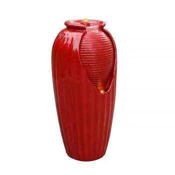 31.89" Resin Glazed Vase Outdoor Floor Fountain with LED Light - Red - Teamson Home