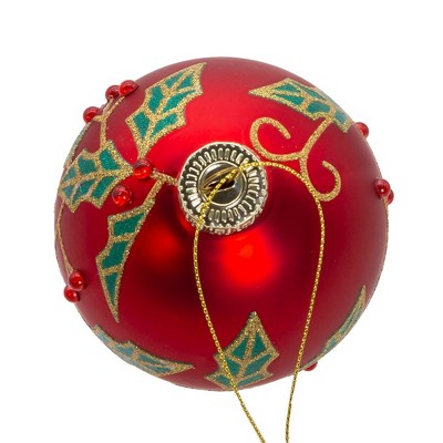 80MM Red Glass Ball Ornaments with Holly Leaves and Rhinestones, Set of 6