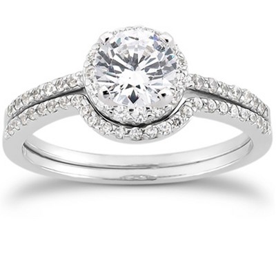 Pompeii3 1/2ct Pave Diamond Halo Engagement Wedding Ring Set 14K White Gold
