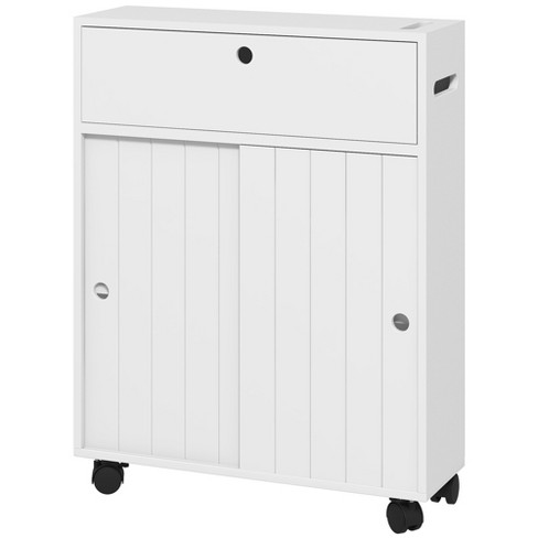 Slim Bathroom Storage Cabinet on Wheels with Drawers & Slide-Out Shelf,  White