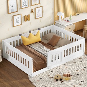 NicBex Twin/Full Size Kids Montessori Bed with Door and Slats,Floor Bed with Arched Fence Design,Toddler bed for Bedroom Playroom,White - 1 of 4
