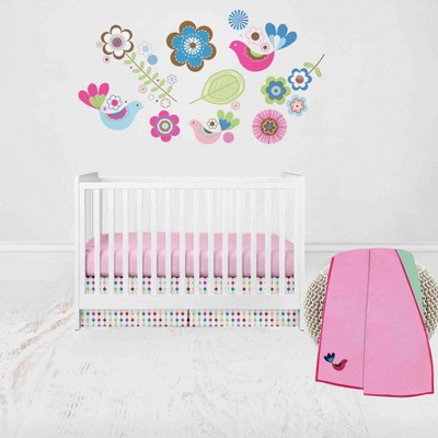 Bacati - Botanical Floral Birds Pink Multicolor 3 pc Crib Bedding Set