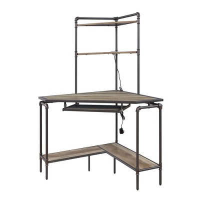 Wood and Metal Desk with 2 Shelf Hutch Brown/Gray - Benzara