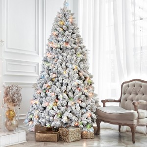 5FT Flocked Christmas Tree with 300 Colorful UL Lights and 27 Natural Pine Cones Ã¿ 600 Snowy PVC Tips, Hinged Branches, Stable Metal Stand - 1 of 1