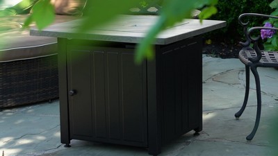 Black and Gray Steel Gas Fire Pit Table with Faux Wood Mantel