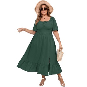 Coolmee Women's Summer Plus Size Maxi Dress Short Sleeve Floral Square Neck Tie Front Split A-Line Flowy Long Sundresses - 1 of 4