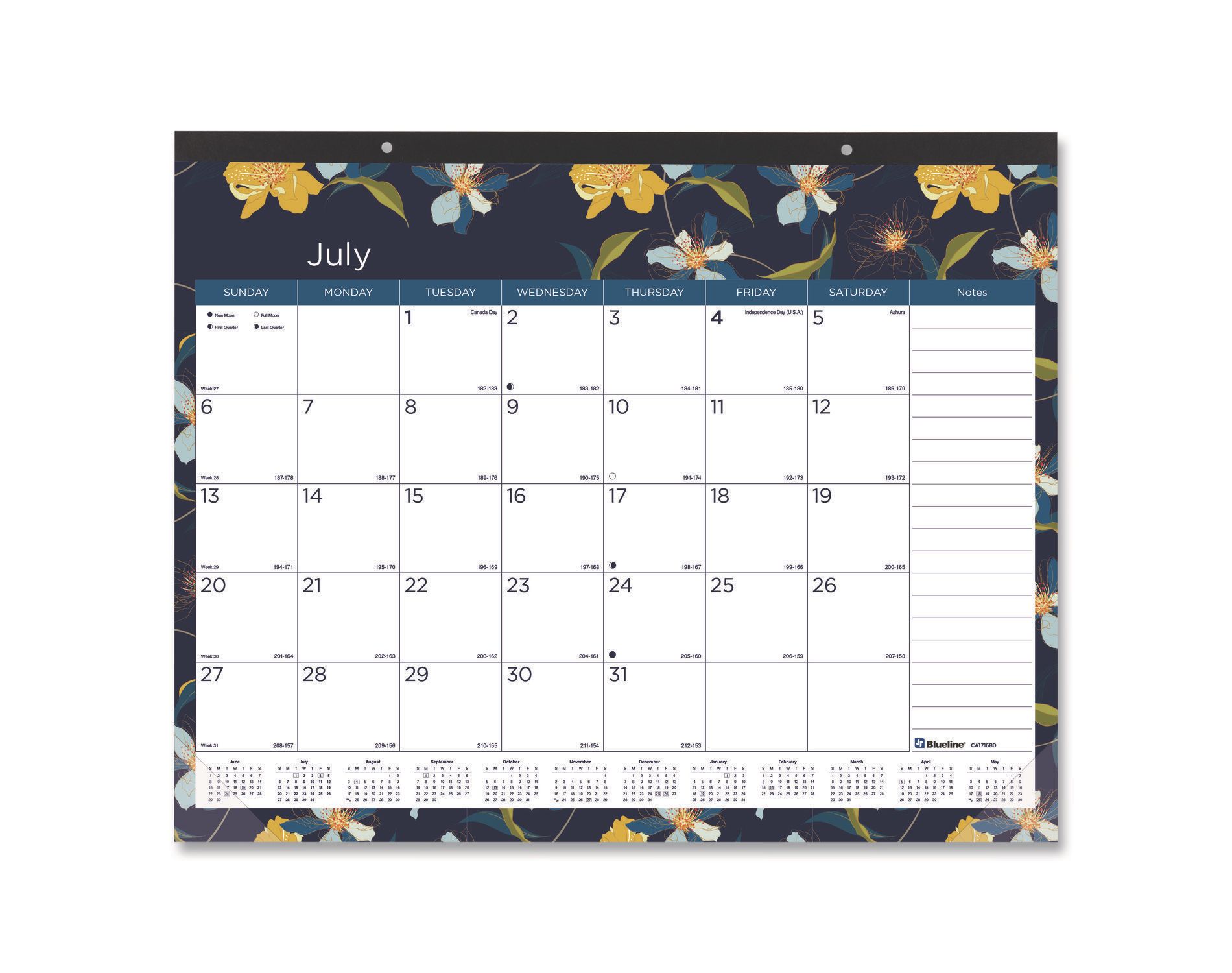 Academic 18-Month Desk Pad Calendar, Floral Artwork, 22 x 17, White/Multicolor Sheets, Black Headband, July 2025 to Dec 2026