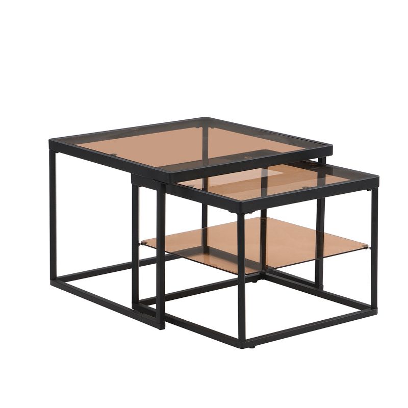 Modern Nesting Brown Tempered Glass Coffee Table Set with Metal Frame - ModernLuxe, 4 of 13