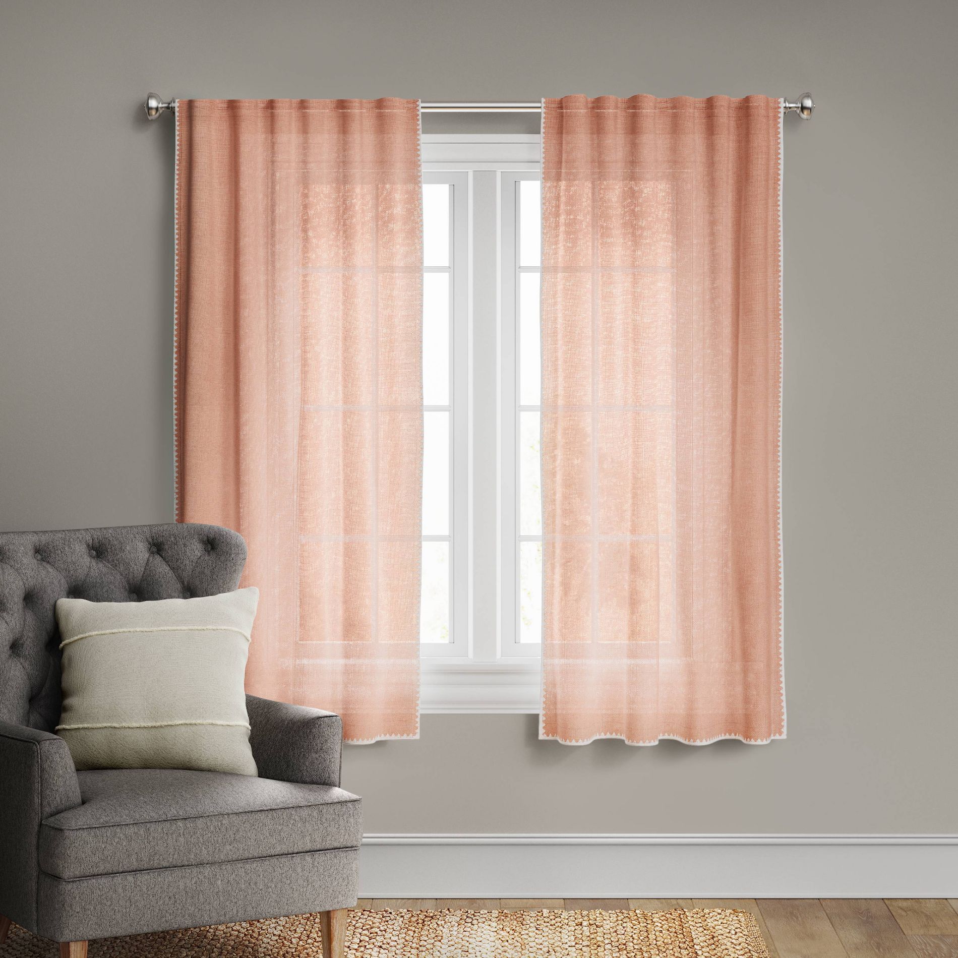 1pc 54"x63" Light Filtering Stitched Edge Window Curtain Panel Pink - Threshold™: Short Kitchen Curtains, Traditional Style
