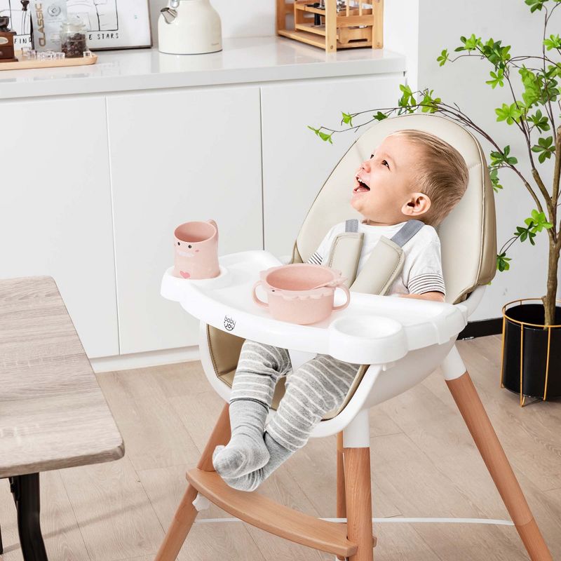 Babyjoy Baby High Chair Wooden Feeding Chair with 4-Gear Tray & Removable Cushion Beige/Grey, 3 of 10