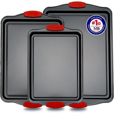 Baking Pan Set – 3 Piece Cookie Sheet – Deluxe Black Non-Stick Carbon Steel – Silicone Handles –