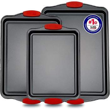 Baking Pan Set – 3 Piece Cookie Sheet – Deluxe Black  Non-Stick Carbon Steel – Silicone Handles –