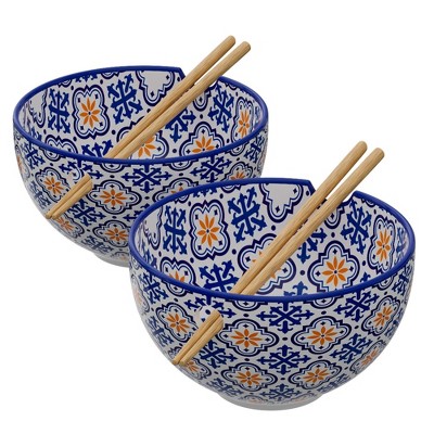 American Atelier Stoneware Ramen Bowl with Chopsticks, Set of 2, Udon Noodle Bowls, Soup Bowl for Kitchen, 6" D 21 Oz, Medallion Blue & Orange