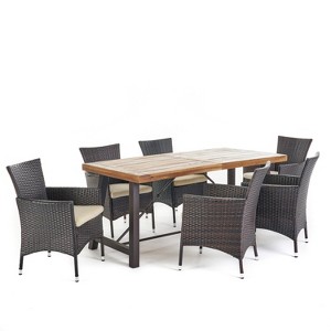 GDFStudio Plauche Outdoor Wicker and Acacia Wood 7 Piece Dining Set with Cushion, Teak/Multibrown/Beige - 1 of 4