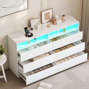Vipbear modern 6-drawer dressing table with power sockets and LED lights, wide storage cabinet with open shelves, bedroom, living room - 1 of 4