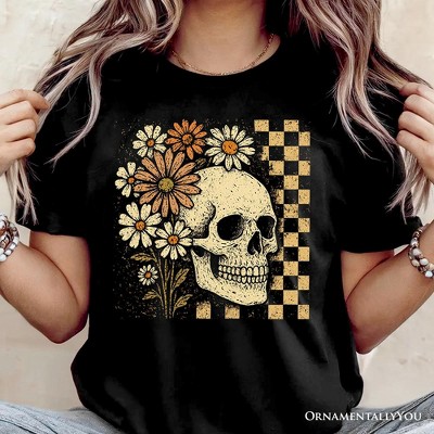 Checkered Floral Skeleton T-Shirt, Vintage Skull Daisy Halloween Tee| OrnamentallyYou