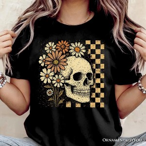 Checkered Floral Skeleton T-Shirt, Vintage Skull Daisy Halloween Tee| OrnamentallyYou - 1 of 4