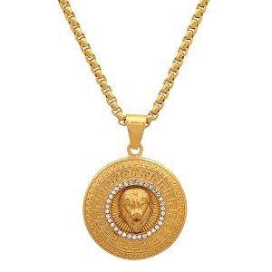 Steeltime 24" 18k gold plated stainless steel lion head round pendant with simulated diamonds and greek key accents - 1 of 4