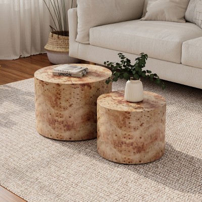 Modern Nesting Coffee Table Set Of 2,Office Drum Accent Table,Wooden Round Coffee Table For Small Spaces Living Room Bedroom-Coolbibila