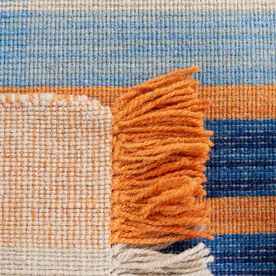 Blue and Beige Striped Wool Flat Woven Area Rug