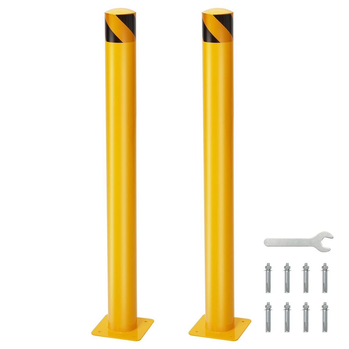 2 Packs 42in Safety Bollard Post,4.5in Diameter Yellow Steel Traffic Bollard with 8 Anchor Bolts, Parking Pole for Driveway Barrier Traffic Control