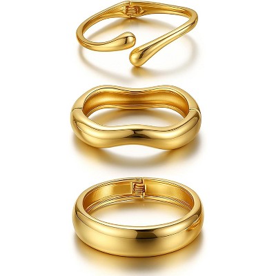 Chunky Gold Bangle Bracelets for Women - Set of 3 Dainty 14k Gold Plated Cuff Stackable Bangles, Alloy Fashion Jewelry Gifts