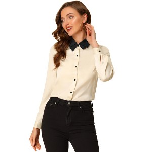 Allegra K Women's Work Long Sleeve Contrast Collar Satin Button Down Shirt - 1 of 4