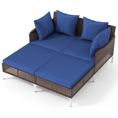 Tangkula Outdoor Rattan Double Daybed Wicker Chaise Lounge for 2 w/ Seat & Back Cushions