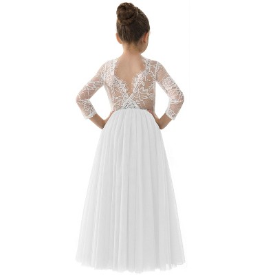 2Bunnies Rose Lace Tulle Long Sleeve Maxi Flower Girl Dress