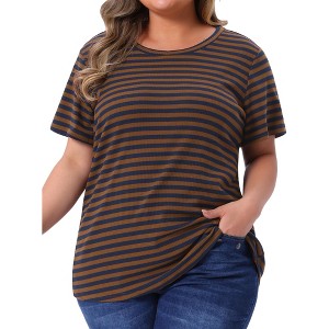 Agnes Orinda Women's Plus Size Ribbed Stripe Short Sleeve Round Neck Casual Tops - 1 of 4