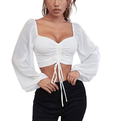 Sweetheart Neckline Crop Tops with Mesh Peasant Sleeve Adjustable Tie Ruched Bust Crop Tops Ribbed Tops with Bishop Sleeve