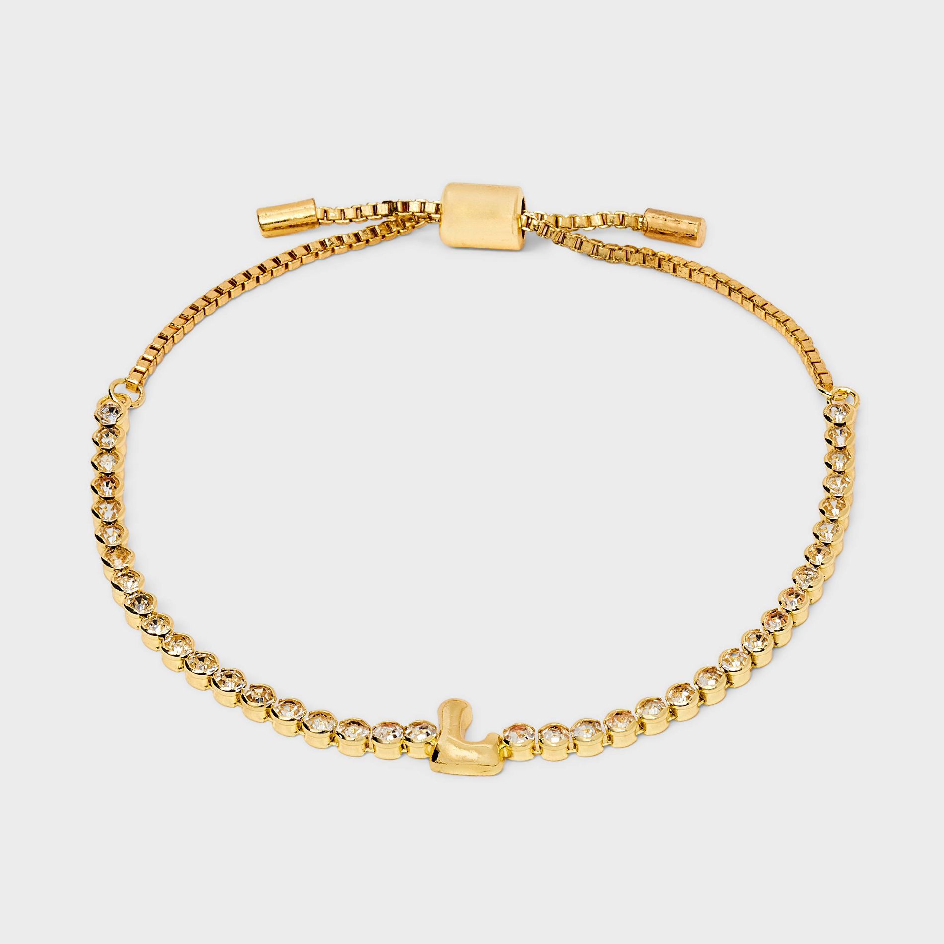 SUGARFIX by BaubleBar Crystal Initial "L" Chain Bracelet - Gold: Brass Stretch Jewelry, Drawstring Closure