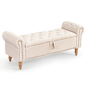 Furniliving 51” Button-Tufted Large Upholstered Bench Ottoman Linen with Storage, for Bedroom/Entryway/Living Room - 1 of 4