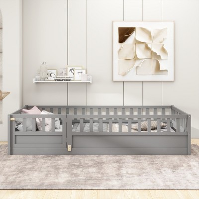 Floor Bed with High Fence and Door For Kids, Safe Montessori Design Bed with Guardrails,, Bed with Pine Wood Construction-Baofuwish