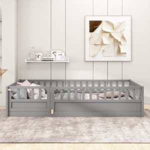Floor Bed with High Fence and Door For Kids, Safe Montessori Design Bed with Guardrails,, Bed with Pine Wood Construction-Baofuwish - 1 of 4