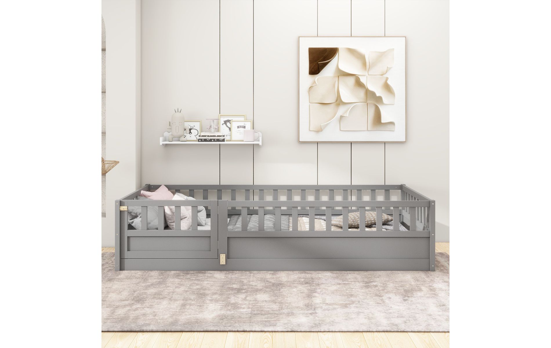 Twin Size Floor Bed with High Fence and Door For Kids, Safe Montessori Design Gray Bed with Guardrails,, Bed with Pine Wood Construction-Baofuwish