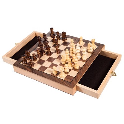 Toy Time Chess Set With Inlaid Wood Cabinet and Staunton Wood Chessmen - 9.875" x 9.875"