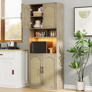 Homhougo Kitchen Pantry Cabinet with RGB Lights, 71” Tall Barn Door Storage Cabinet with Microwave Stand - 1 of 4