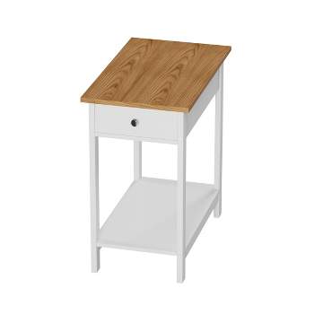 Hastings Home Narrow Side Table With Drawer and Storage Shelf - White/Honey Oak