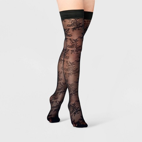 Women's Dainty Spring Floral Mesh Thigh Highs - A New Day™ Black : Target