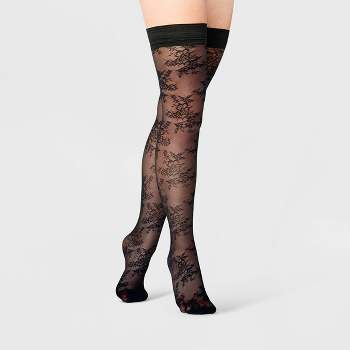 Women's Dainty Spring Floral Mesh Thigh Highs - A New Day™ Black