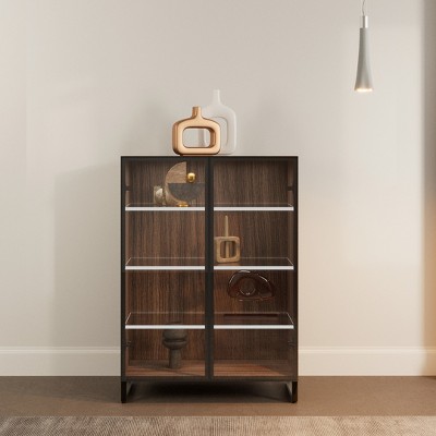 Walnut and Glass Lighted Curio Cabinet with Adjustable Shelves
