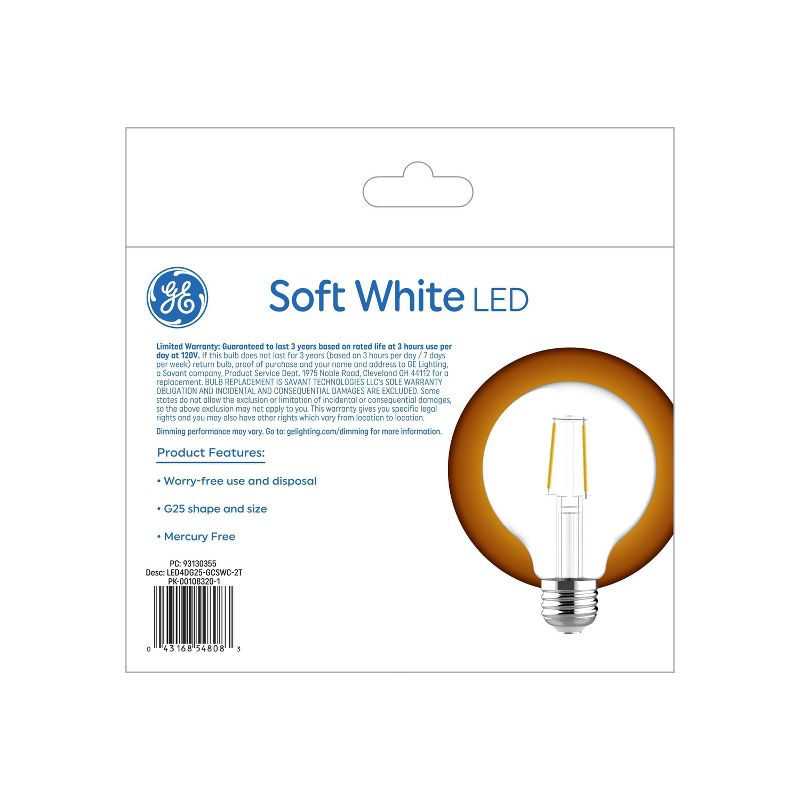 GE 2pk 4 Watts Soft White Medium Base LED Globe Light Bulbs, 3 of 7