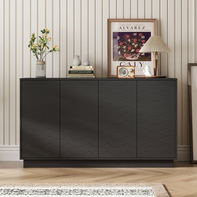 FUFU&GAGA Black Buffet Sideboard Storage Cabinet with Wave - Patterned Doors - Stylish Storage for Dining & Living Spaces
