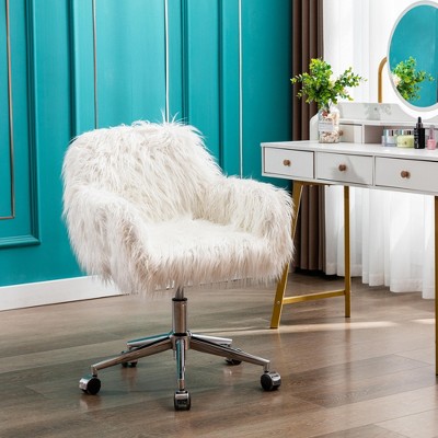 QingMoon Fluffy Office Chair, Adjustable Desk Chair, Faux Fur Computer Chair, Swivel Vanity Chair with Chrome Base for Living Room, Study