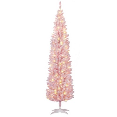 7ft Pencil Christmas Tree, Slim Artificial Christmas Tree with Snow Flocked Branches and Warm White LED Lights