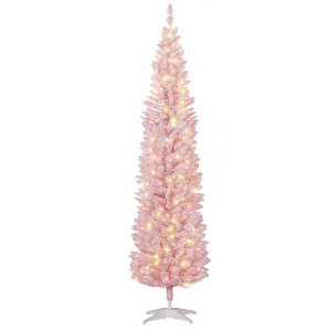7ft Pencil Christmas Tree, Slim Artificial Christmas Tree with Snow Flocked Branches and Warm White LED Lights - 1 of 4